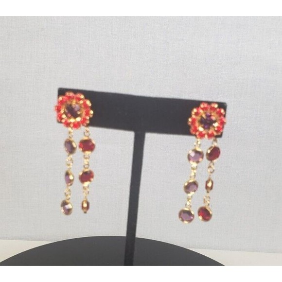 Red Hat Society Dangle Earrings Red Purple Gold Tone Chandelier Pierced - Picture 2 of 16